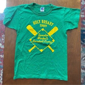 Vintage 80s 1989 Holy Rosary Baseball Baby Doll Tee T-shirt Kelly Green Youth Lg